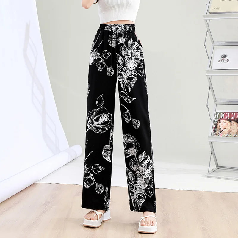 Summer Casual Loose Wide Leg Pants Women's Tie Dye Ink Ice Silk Loose Leopard Print Ethnic Style Long Pants Casual Trousers