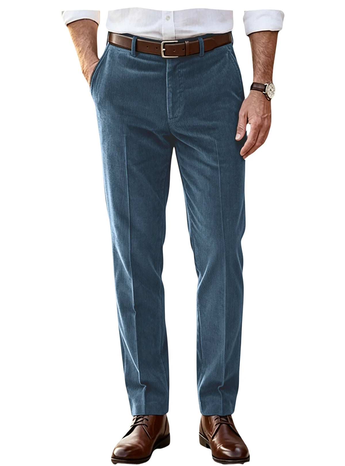 Men's Khaki Corduroy Pants Straight Leg Classic Fit Elastic Waist Comfort Wrinkle Resistant Formal Trousers For Business Office