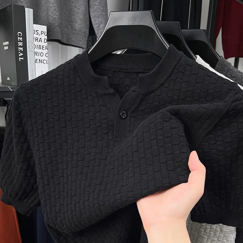 Textured Twisted Stripe Lightly Mature Henry Collar Knitted Short-sleeve T-shirt Men's Top 2026 Summer Casual T-shirt for Men