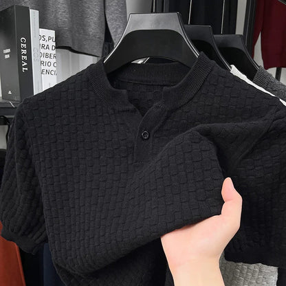 Textured Twisted Stripe Lightly Mature Henry Collar Knitted Short-sleeve T-shirt Men's Top 2026 Summer Casual T-shirt for Men