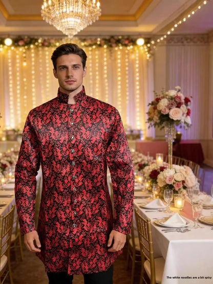 Medieval Men's Kurta Sherwani Jacket Shiny Wedding Robe  Collar Ethnic Clothing Polyester Fiber 100% Printed Design