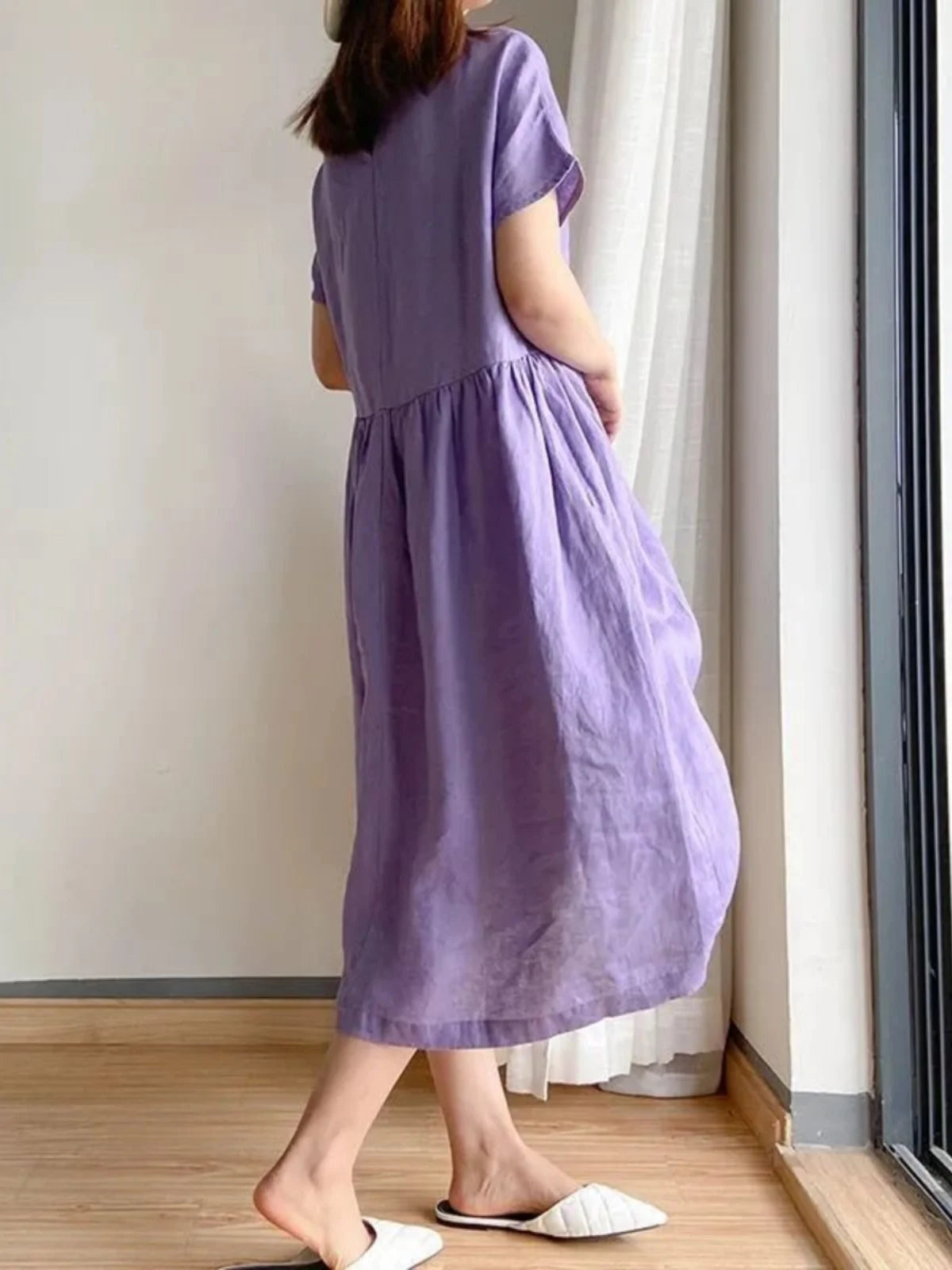 Casual Cotton Linen Dress Artistic Short Sleeve Midi Skirt Women's Fashion Summer round Neck Single Piece A-Line Skirt