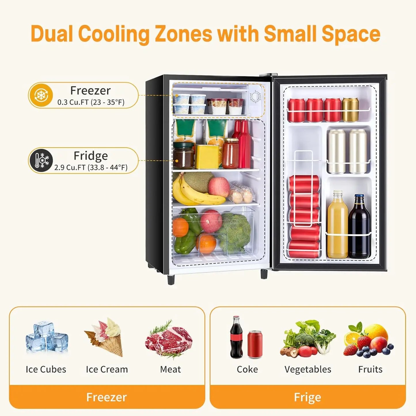 Mini Fridge with Freezer 3.2 Cu.Ft Small Refrigerator for Office, Dorm, Small Fridge with Adjustable