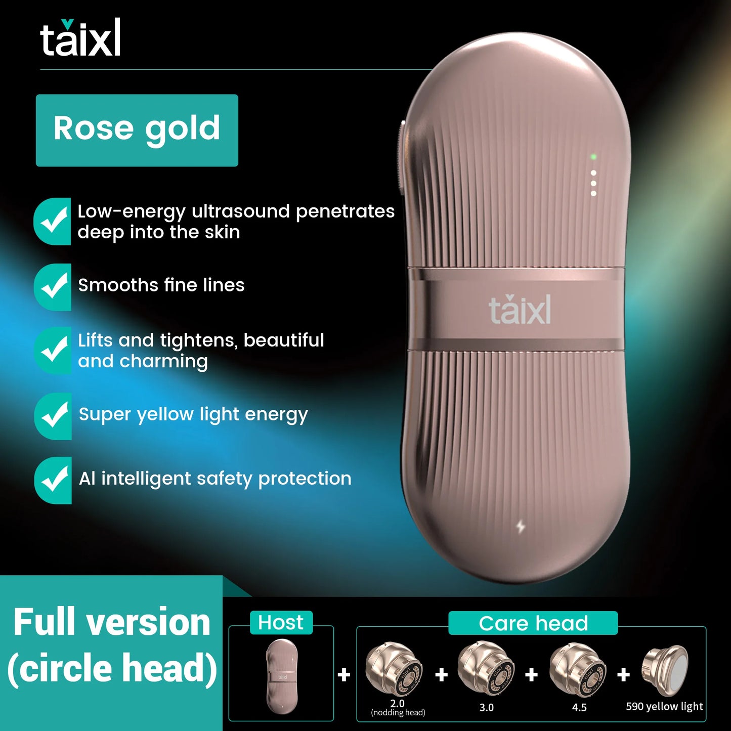 Portable Ultrasound Skin Care Tool with Yellow Light Energy Lift Tighten Restore Skin Luster AI Safety Protection