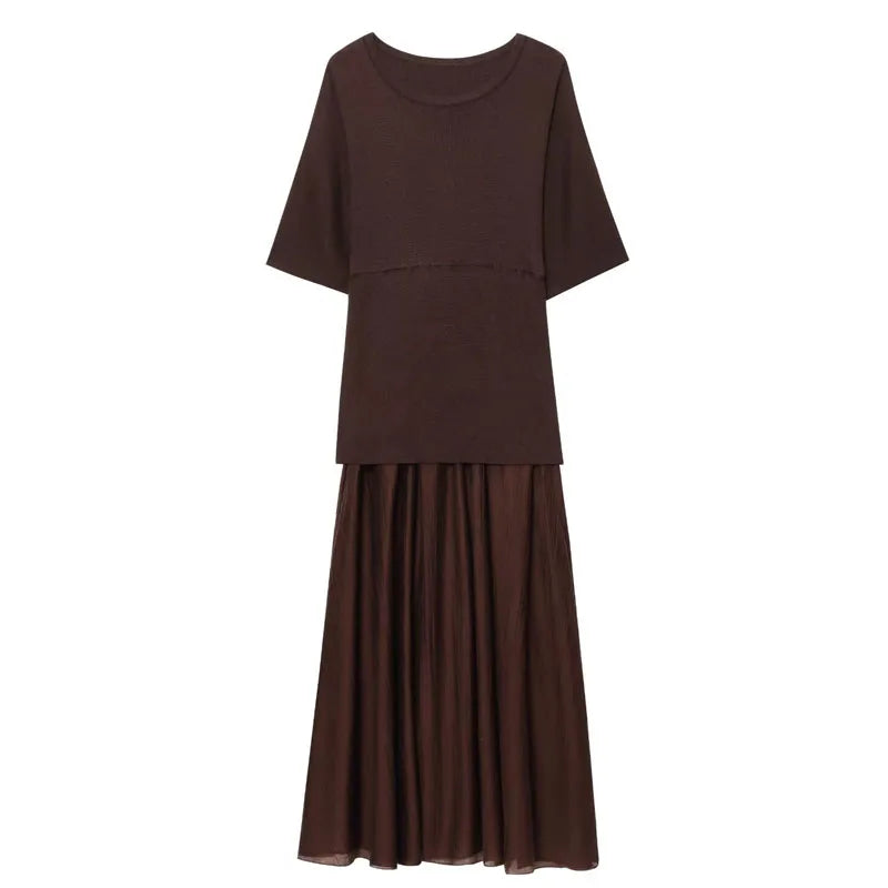 HXAO One Piece Women's Summer Dress Long Knitted Elegant Party Dresses Splicing Pleats Chiffon Short-Sleeved Casual Female Dress