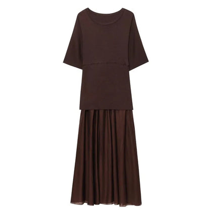 HXAO One Piece Women's Summer Dress Long Knitted Elegant Party Dresses Splicing Pleats Chiffon Short-Sleeved Casual Female Dress