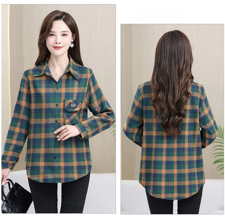 Loose Long Sleeve Mom Shirt Women's New Style Slimming Age-Defying Outerwear Versatile Early Autumn Plaid Outfit  Collar