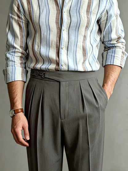 2026 Spring Summer Italian Naples Elegant High Waist Suit Pants Men Solid Woven Loose Straight Leg Commuter Trousers