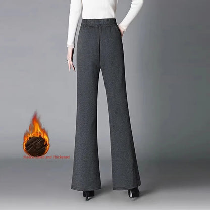 Women's Woolen Flared Pants High Waist Elastic Polyester Fiber Warm Casual Trousers for Autumn Winter 2025 New Style