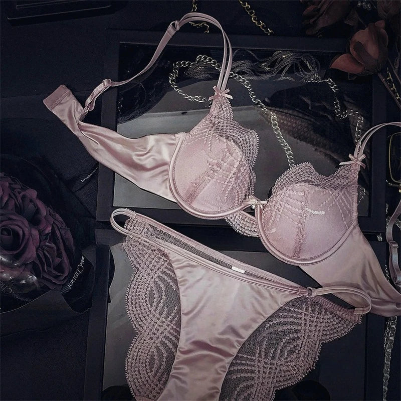 French Lace Embroidery Women Lingerie Set Sexy Hollow Thin Cup Push Up Bra High Quality Silk Satin Intimates Comfort Underwear