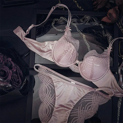 French Lace Embroidery Women Lingerie Set Sexy Hollow Thin Cup Push Up Bra High Quality Silk Satin Intimates Comfort Underwear