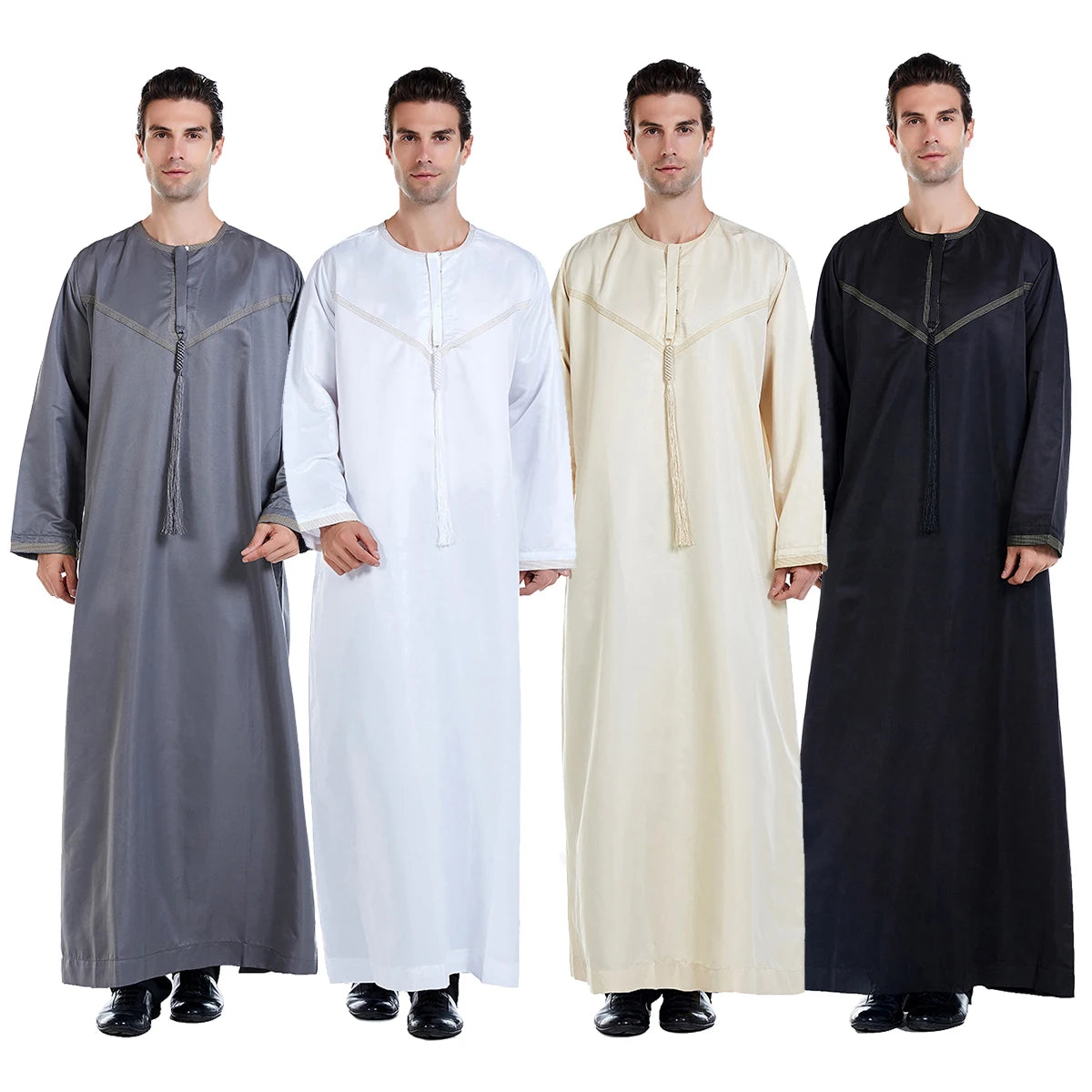 TH816 Men's Muslim Middle Eastern Men Long Sleeves Patchwork Round Collar Button Robe Ramadan Eid Jubba Thobe