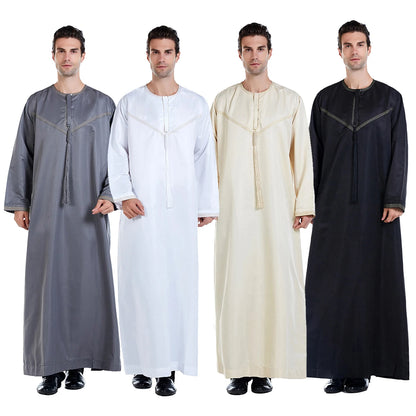TH816 Men's Muslim Middle Eastern Men Long Sleeves Patchwork Round Collar Button Robe Ramadan Eid Jubba Thobe