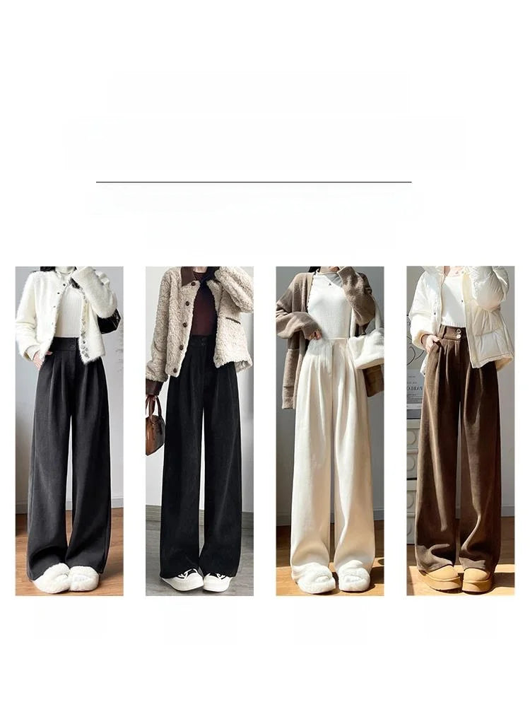 White Corduroy Wide Leg Pants Women's Autumn Winter Slim Straight Drapey Small Size Fleece Lined Suit Trousers