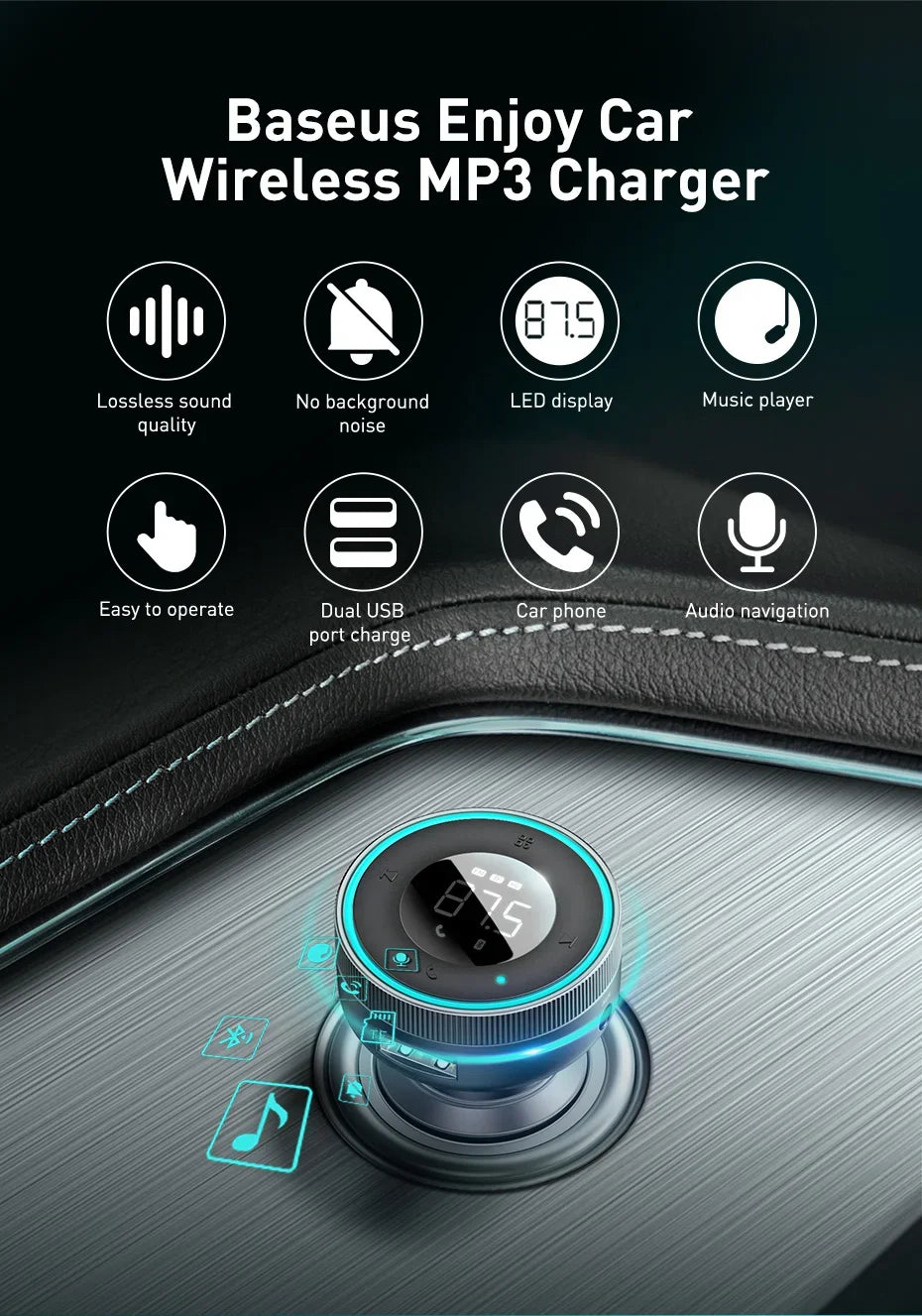 Baseus Car FM Transmitter with Bluetooth 5.0 & 3.4A Dual USB Charger - MP3 Player, Radio, Hands-Free Calling Adapter