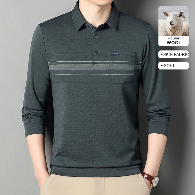 Luxury Wool Blend Fabric Men's Long Sleeve Polo Soft Touch For Father Years Classic Business Staple With Utility Focus