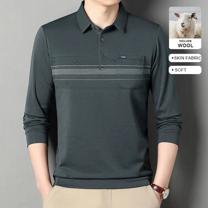 Luxury Wool Blend Fabric Men's Long Sleeve Polo Soft Touch For Father Years Classic Business Staple With Utility Focus