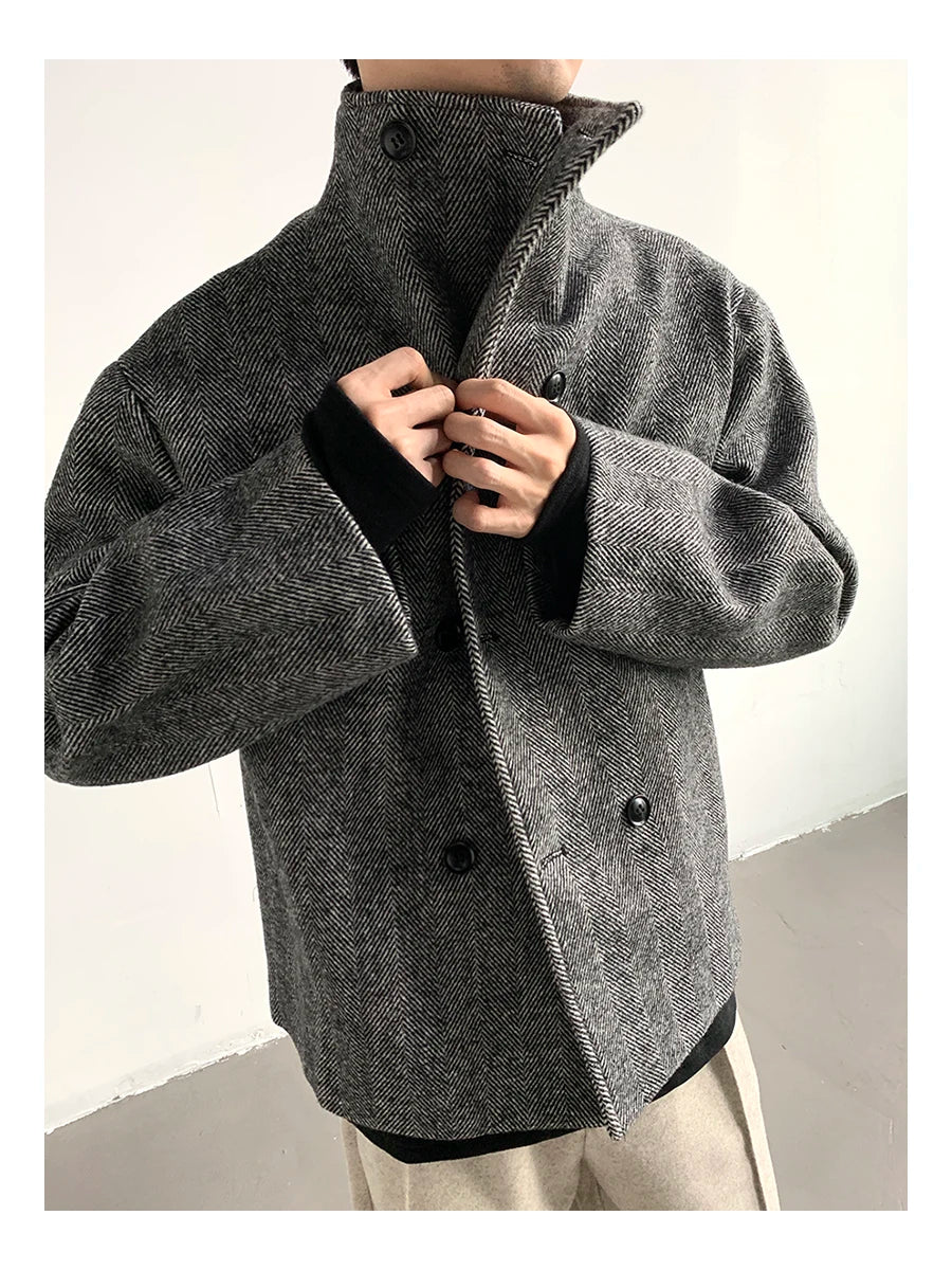 Mauroicardi Autumn Winter Cool Short Warm Herringbone Woolen Jacket MenStand Collar Double Breasted Luxury Designer Clothes 2025