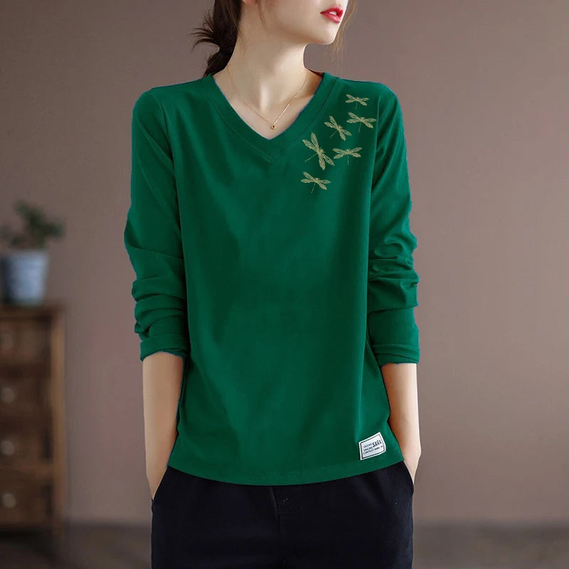 Pure Cotton Long Sleeve Women's T-shirt Autumn Season Versatile Base Layer Top Commute Style Loose Fit Regular Thickness