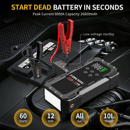 FOWAWU 8000A Jump Starter with Air Compressor, Car Battery Jumper Starter Power Bank,Cordless Auto-Shutoff Tire Inflator 160PSI