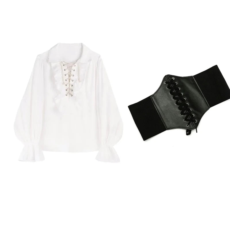 Zadily 2025 Summer Women's Lolita Ruffle Trim High Neck Shirt Lace-Up Lantern Sleeves Fitted Waist Vintage Elegant Party Blouse