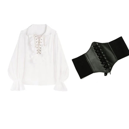 Zadily 2025 Summer Women's Lolita Ruffle Trim High Neck Shirt Lace-Up Lantern Sleeves Fitted Waist Vintage Elegant Party Blouse
