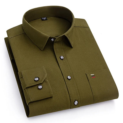 New 100%Pure Cotton Men's Shirts Long Sleeves Solid Color Soft Regular Fit Casual Shirt Pocket Social Blouse Male Clothes S-7XL
