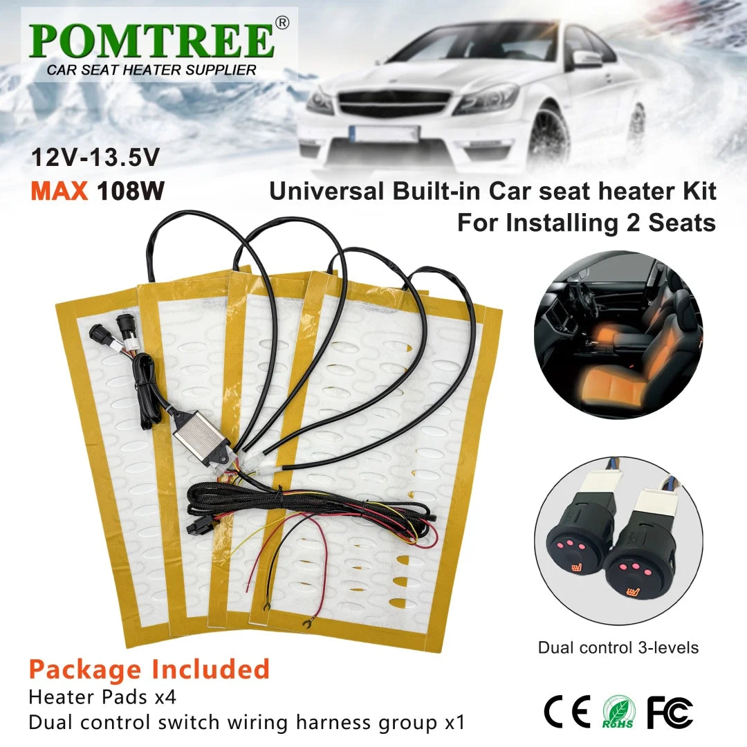 Universal Built-In Car Seat Heater Kit Fit 2 Seats,108W Alloy Wire Heating Pads 3-Level Dual Control Switch with Wiring Harness