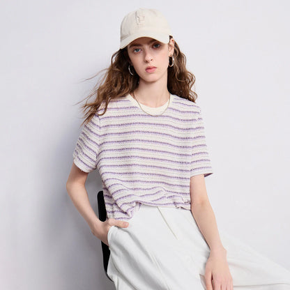 TOYOUTH Women T-shirt 2026 Summer New Striped Round Neck Combined Fashionable Heavy-duty Top