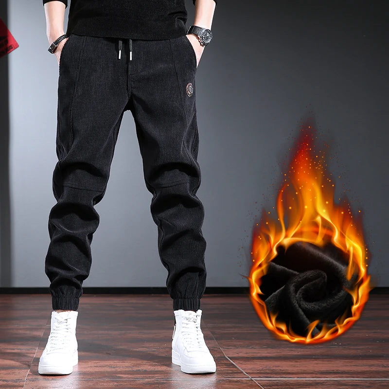 Men's Fleece Lined Thickened Autumn Winter Sports Casual Pants Cuffed Loose Fit Long Trousers Youth Active Style Fashionable