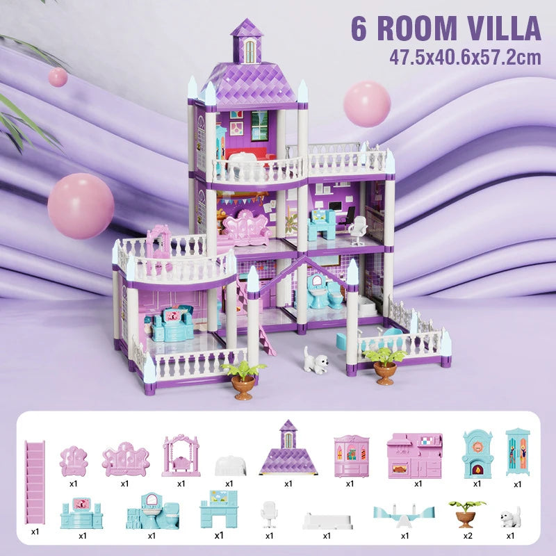 DIY Large Doll House Set Villa Play House Assemble Simulation Furniture Bedroom Kitchen Kids Educational Toys Girl Boys Gifts