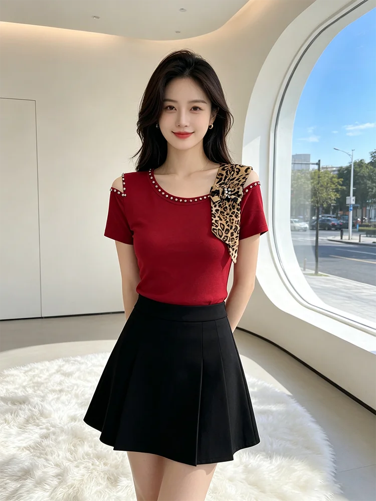 Summer New Off Shoulder Short sleeved T-shirt Korean Fashion Diamond Tops Slim Style Bowknot Women Shirt