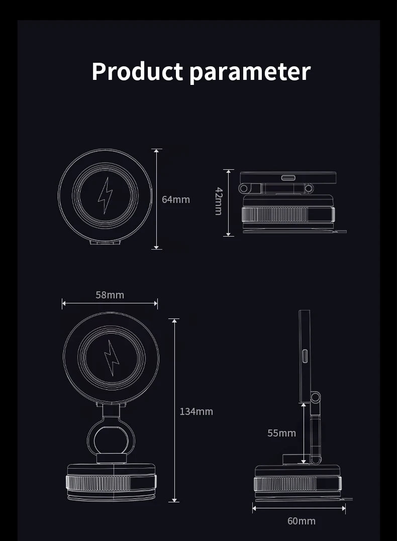 Folding 15W wireless charging car phone holder vacuum suction 360 ° rotating magnetic support bracket