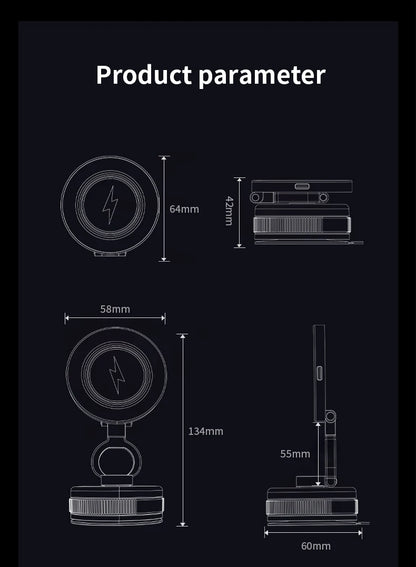Folding 15W wireless charging car phone holder vacuum suction 360 ° rotating magnetic support bracket