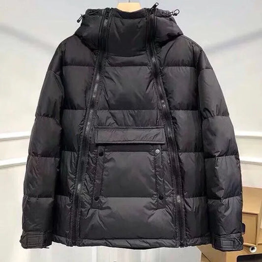Tactical Double Zip Jacket Hooded Parkas Men Winter Down Cotton Coat Black Pullover Glossy Padded Jackets Casual Warm Outerwear