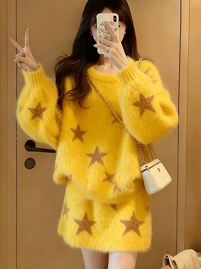 Fashionable Yellow Print Sweater High Waist Skirt Two Piece Set Slimming Effect Comfortable Fit Casual Winter Wear for Women