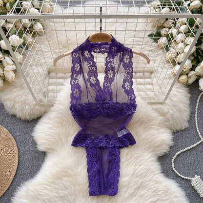 Sexy Lace Strap Jumpsuit Slim Fit Transparent Women's Pajamas Halter Playsuit Erotic Lingerie Catsuit Backless Hollowed Bodysuit