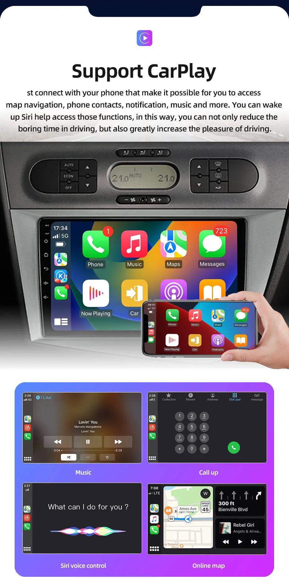 Jundof Car radio For Seat Leon 2 MK2 2005-2012 Carplay Android auto Qualcomm Car stereo Multimedia player 4G Wifi DSP 36EQ RHD