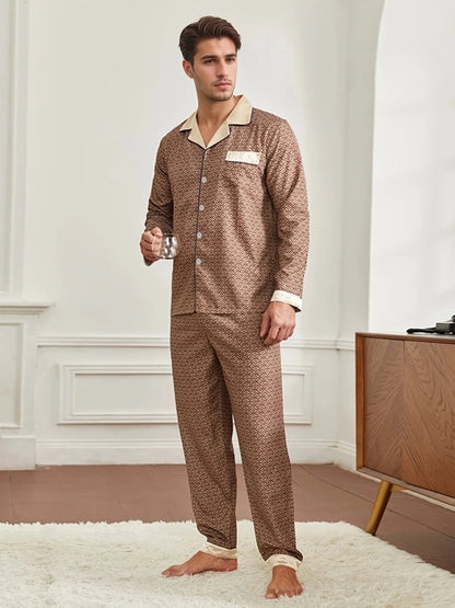 Men's Silky Satin 2PCS Pajama Set, Printed Long Sleeve Shirt & Elastic Waist Pants, Comfortable Homewear Loungewear Mens Pajamas