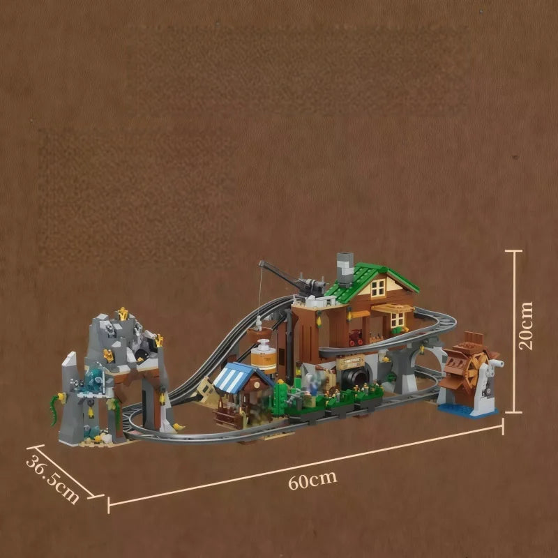Interactive Mine Coaster Building Blocks with Full Loop Tracks, Working Winch & Water Wheel Mechanical Function, Western Wildern