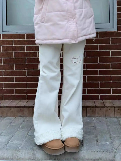 Corduroy  Embroidery Lamb Fur Patchwork Loose Micro Flare Autumn Winter Fleece Lined Slimming Cute Wide Leg Pants Women