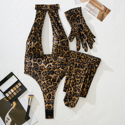 2025 Explosion Models Women's Sexy Lingerie Leopard Print Jumpsuit Hollow Jumpsuit Stockings Gloves Erotic three-piece Set