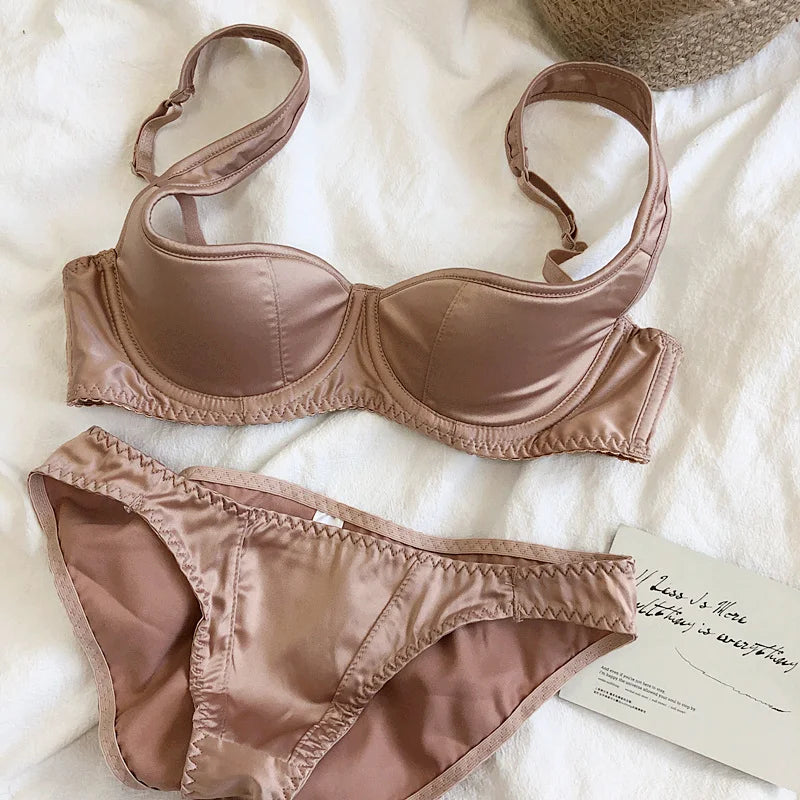 Sexy small half cup top support retro style niche underwear set bra glossy bralette with steel ring women lingerie panty suit