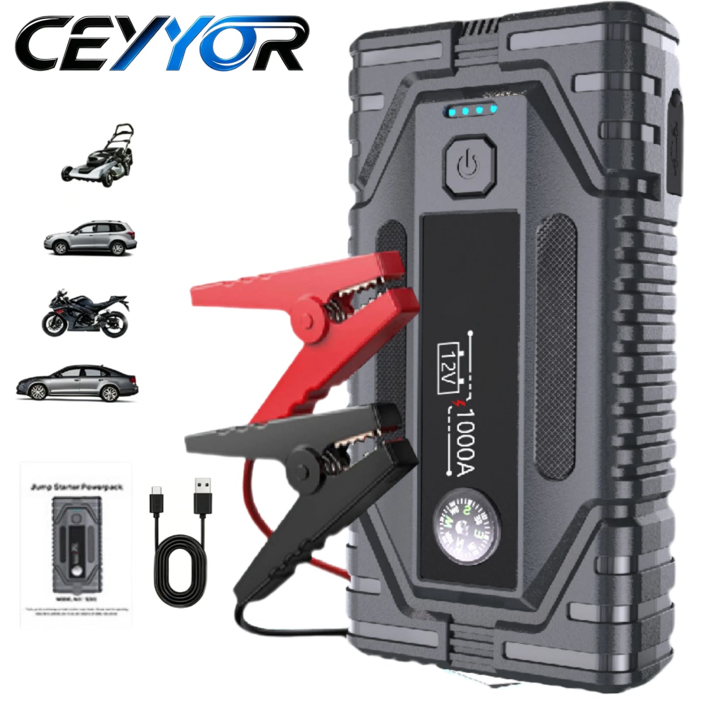 CEYYOR Portable Jump Starter Power Pack With LED Lights and USB Ports.12V Booster Jump Starter Car Battery Starting Device