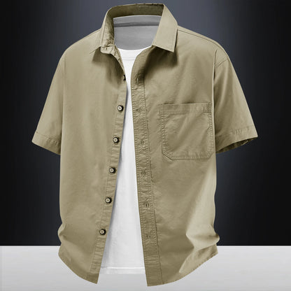 2026New Short-sleeved Shirt Men's Summer Casual Pure Cotton Washed Large Size Top Loose Solid Color Tooling Shirt Men's Clothing