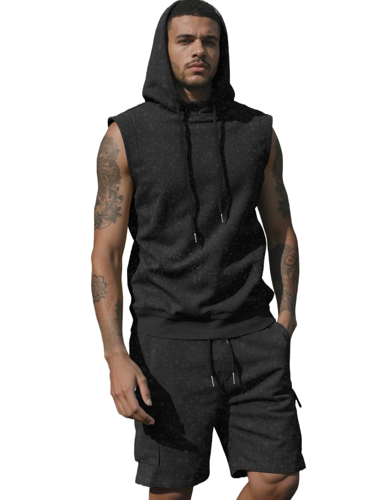 Men’s Sleeveless Hoodie and Shorts Set 2 Piece Workout Outfit Gym Sportswear 2026