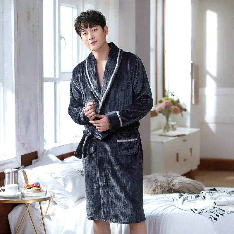 Sleepwear Coral Velvet Bathrobe  Fleece Thickened Flannel Nightwear Long Autumn Winter Cosy Thermal Pajamas Both Men Women