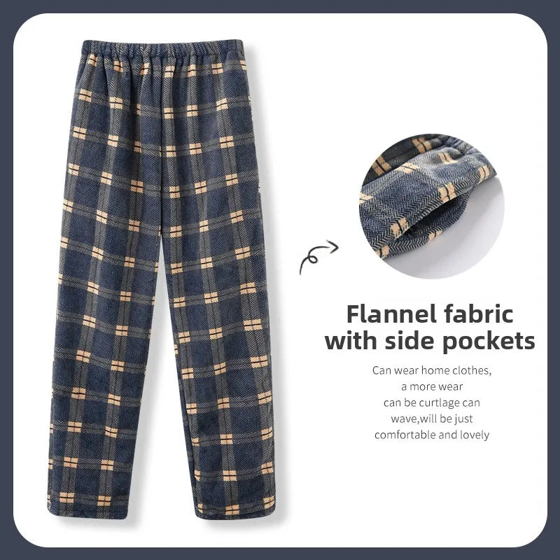 Men's Winter Thickened Fleece Coral Velvet Home Clothes Pants Plaid Patterned Home Pants Warm Comfortable mid Waist Elastic