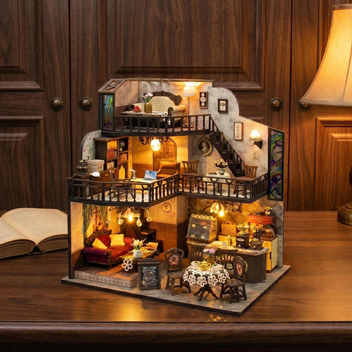 Coffee Villa Miniature Dollhouse Set 3D Puzzle Assembly Model Set DIY Handmade Toy Bookshelf, Wooden Crafts Birthday Gift