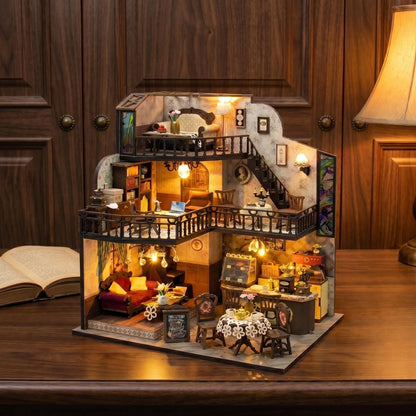 Coffee Villa Miniature Dollhouse Set 3D Puzzle Assembly Model Set DIY Handmade Toy Bookshelf, Wooden Crafts Birthday Gift